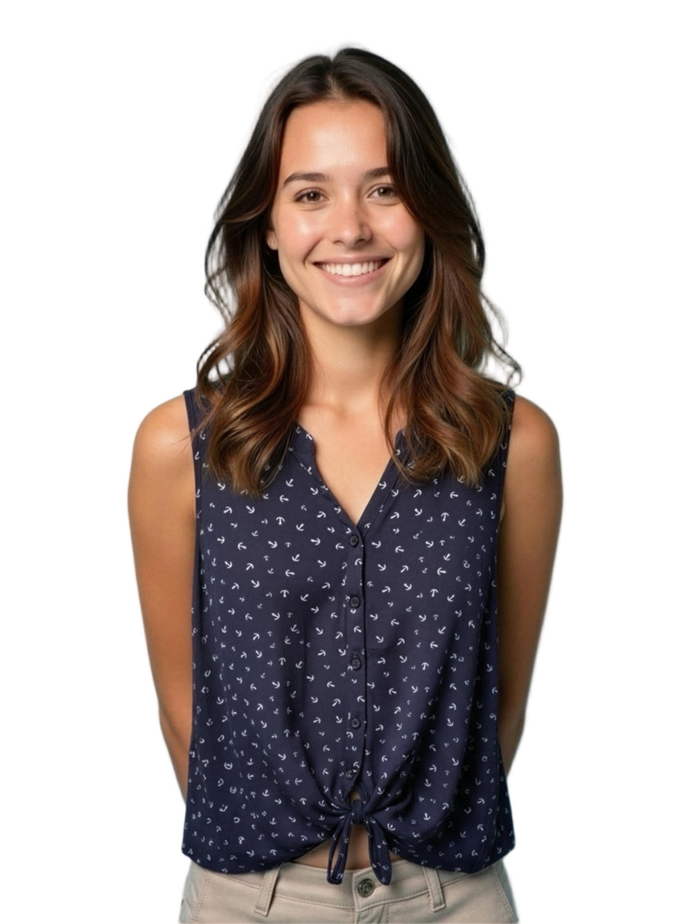 Maurices Dark Blue Anchor Pattern Sleeveless Blouse with knotted Tie
